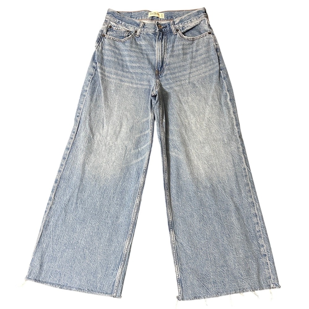 Abercrombie The Crop Wide Leg High Rise Jeans Womens 4 Blue Raw Hem 28x26